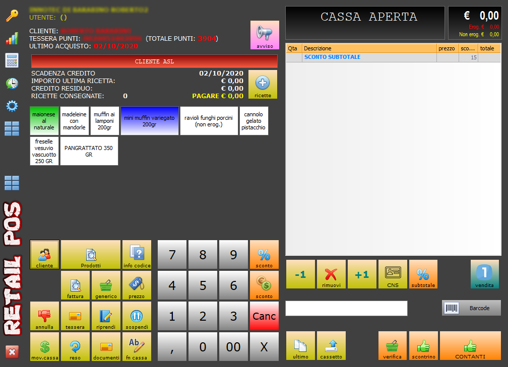 RetailPos — schermata vendita con cliente ASL celiaco: credito residuo SSN, prodotti erogabili e non erogabili separati, totale DPC