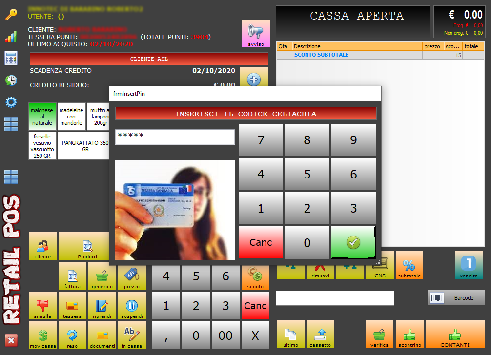 RetailPos — inserimento codice celiachia tramite tessera sanitaria per verifica identità e accesso al budget SSN