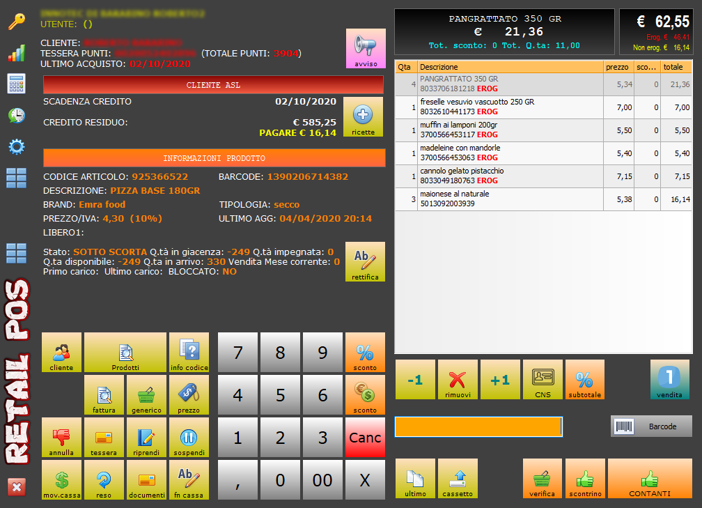 RetailPos — schermata selezione rapida prodotti senza glutine con differenziazione erogabili DPC e non erogabili